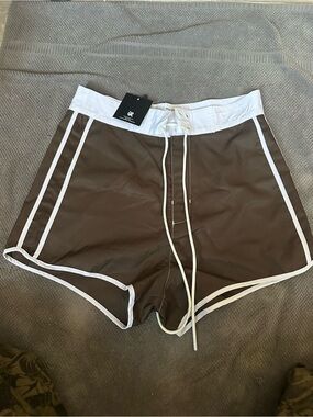 Retro Brown Swim Shorts with White Trim